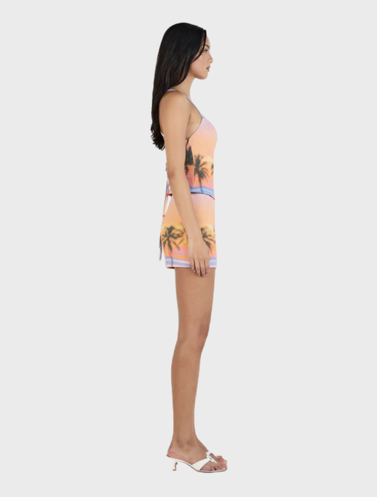 Gabbie Micro Skirt showcasing a Sunset Boulevard pattern, designed for a trendy and chic look.
