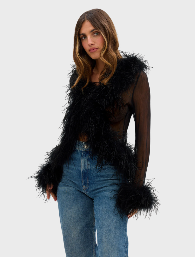 The black Gigi Feather Blouse is worn by a model, highlighting its feather details and contemporary style.