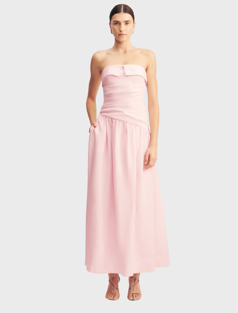 Gigi Strapless Maxi Dress in Sakura print, featuring a flowing silhouette and vibrant floral design for a stylish summer look.