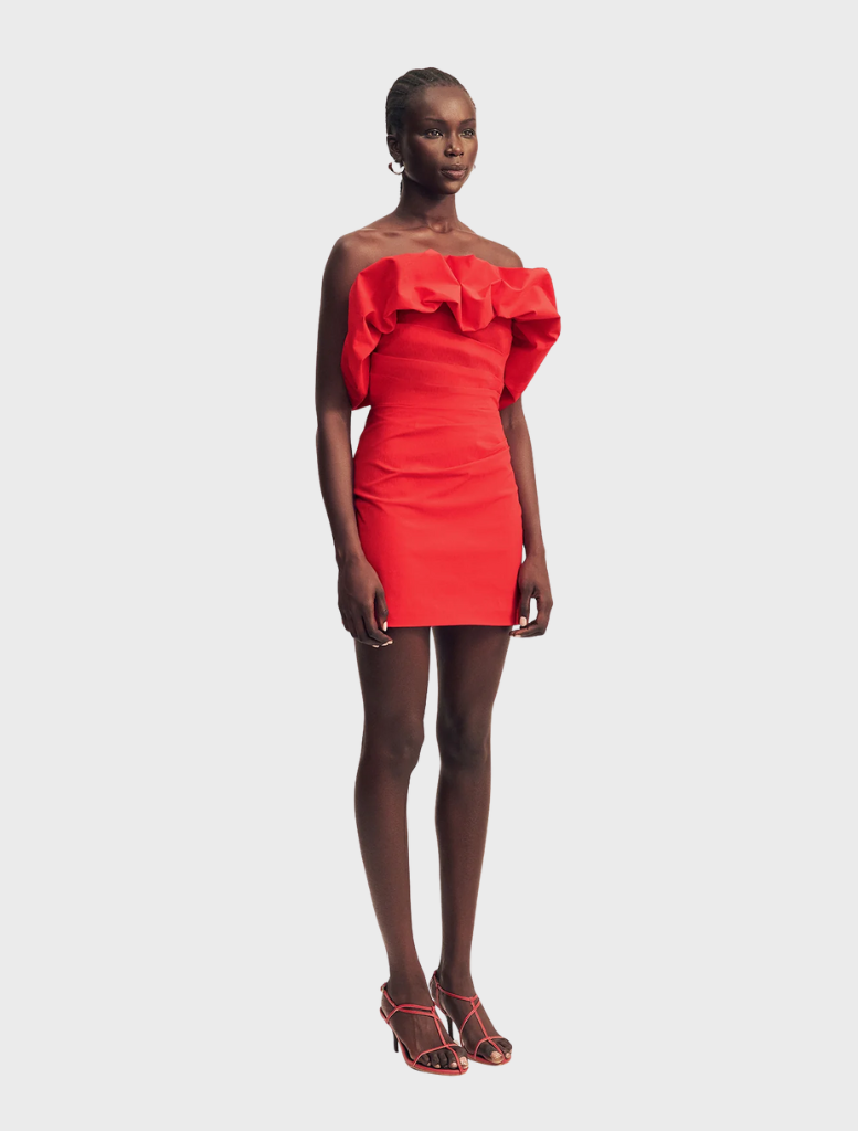 Strapless bubble mini dress in goji hue, designed with a snug bodice and a flouncy skirt for a trendy, youthful style.