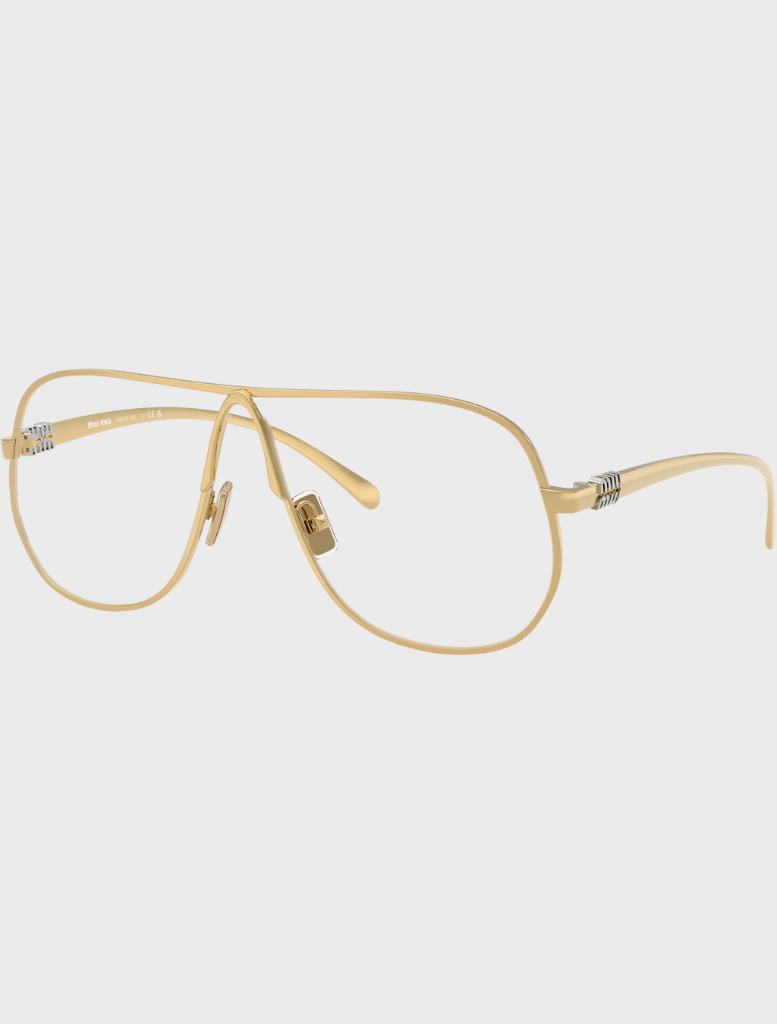 MU A04S 5AK08N glasses in gold featuring a clear blue light filter for enhanced visual comfort and style.