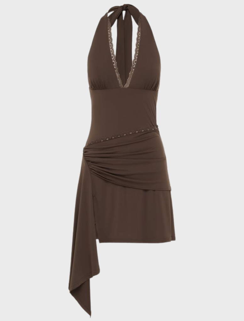 Celyse Halter Mini Dress, Bitter Chocolate shade, featuring a halter neck and a sleek, modern mini dress design.