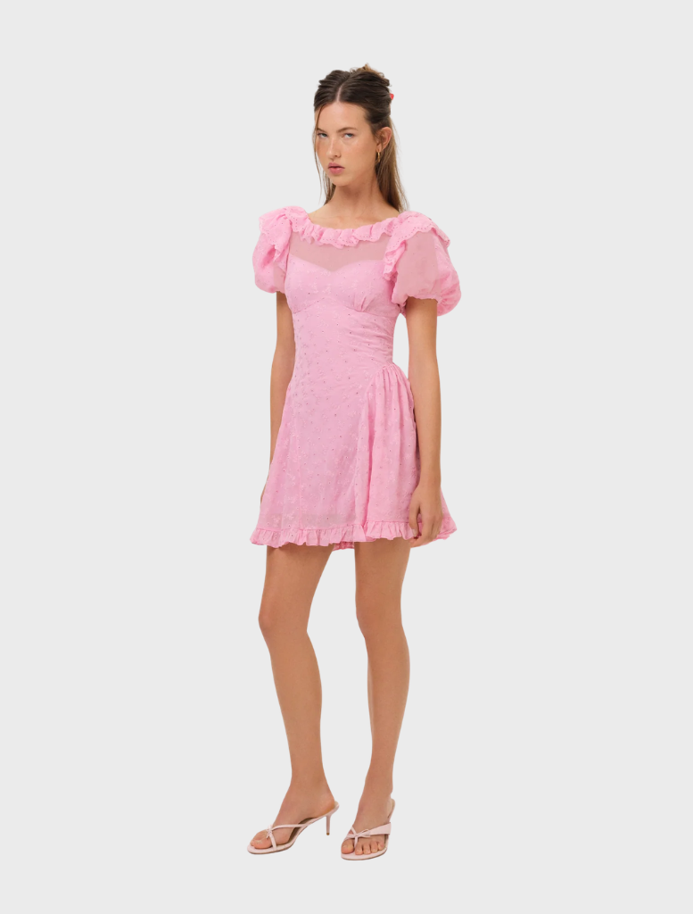 Stylish pink eyelet mini dress, designed with a flared skirt and intricate lace for a chic summer look.