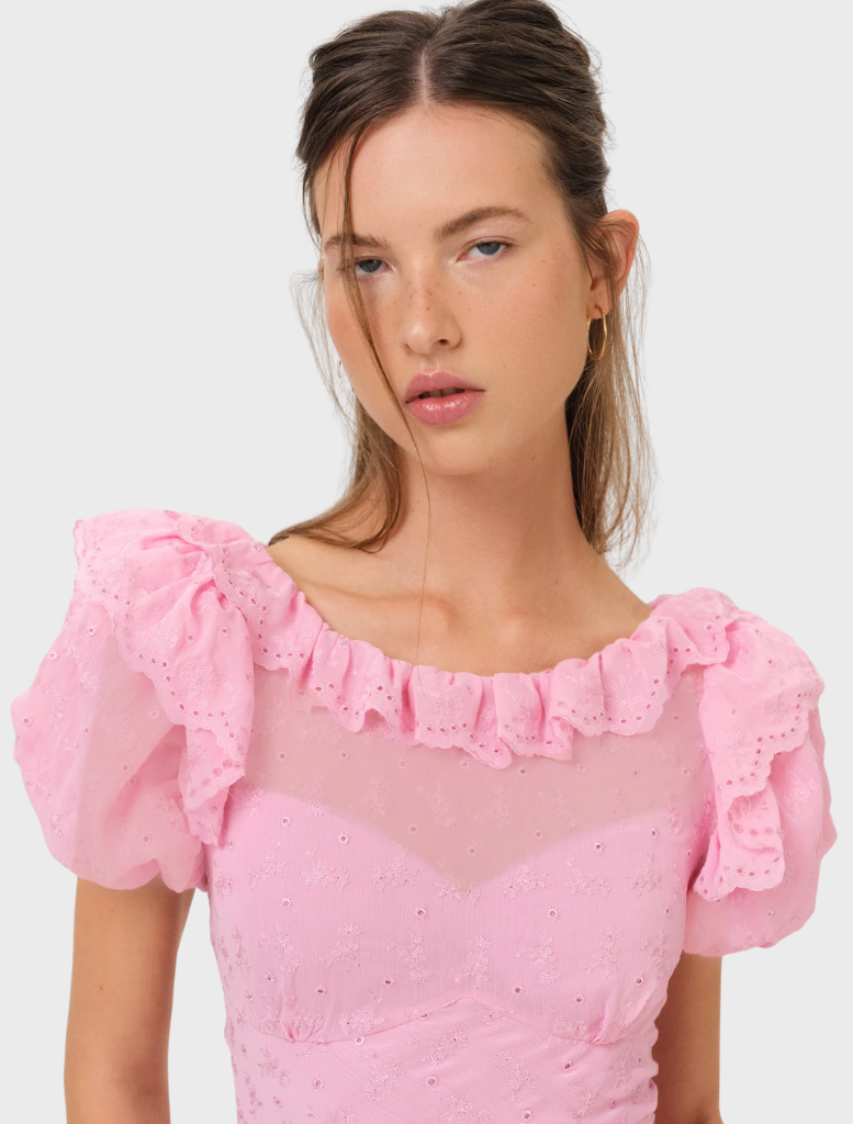 A pink mini dress with eyelet patterns, showcasing a feminine silhouette and delicate lace accents.