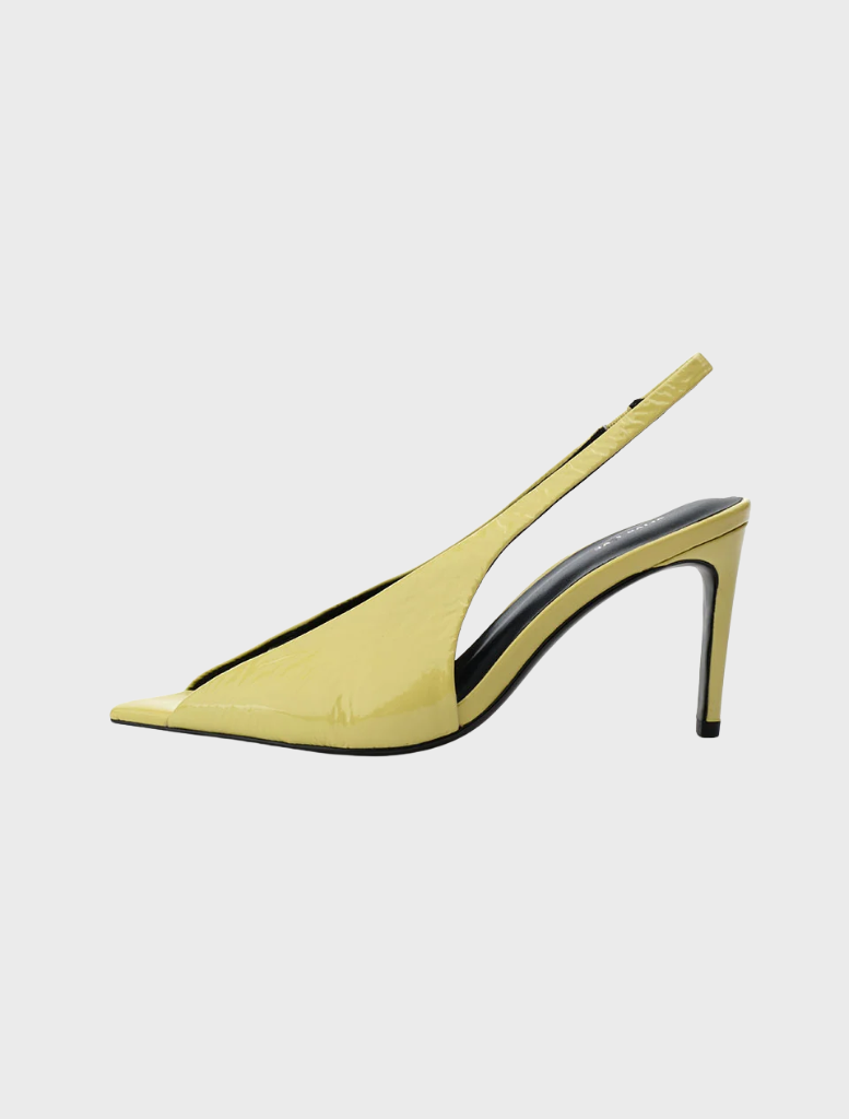 Yellow patent slingback pumps with a glossy finish and a stylish crinkle texture.