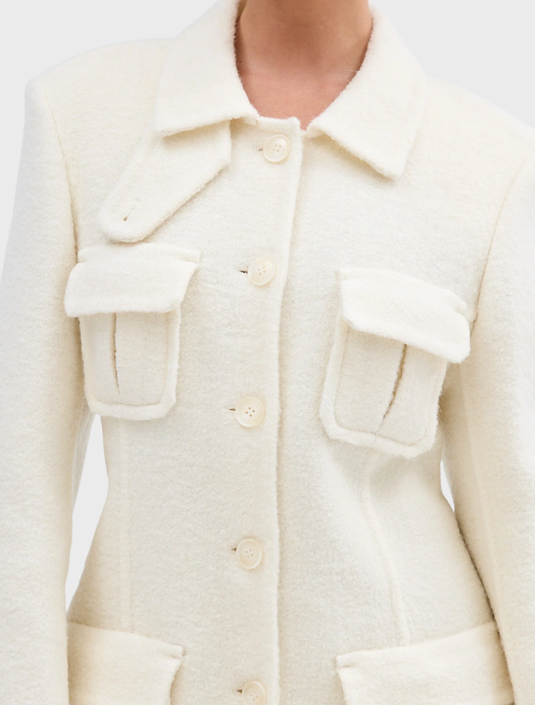 Sophisticated ivory Franca Wool Blazer Dress with a classic cut, designed for stylish and formal wear.