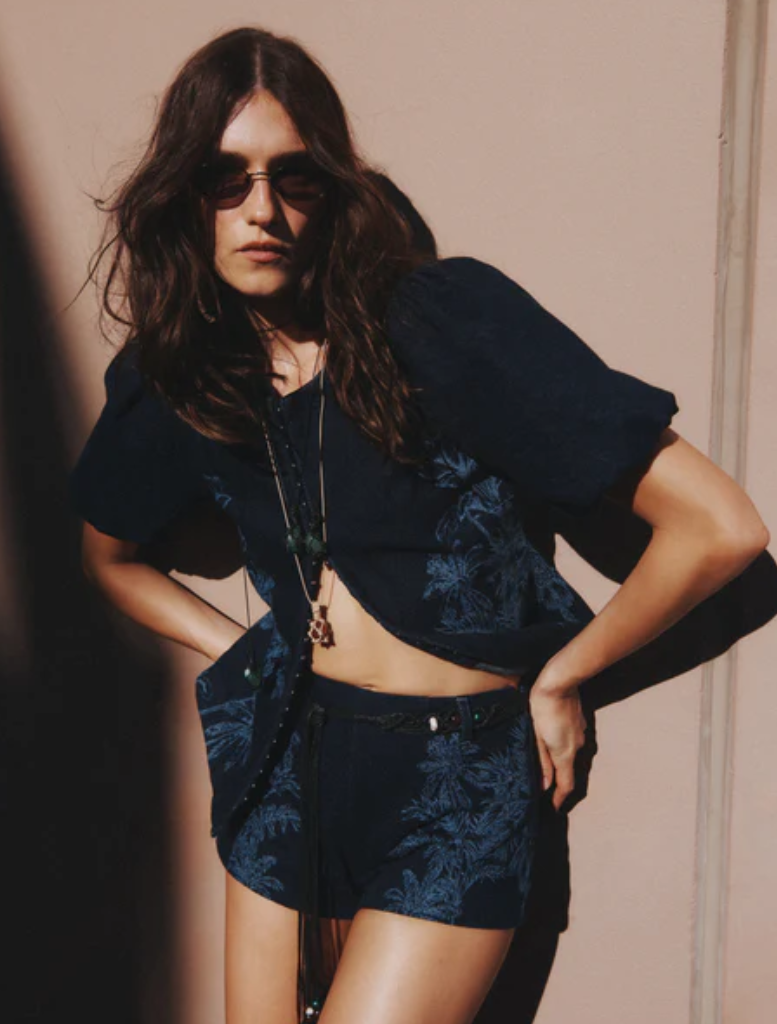 Jacques Denim Shortie in Tropicana Denim, featuring a vibrant tropical color and a stylish, casual design for summer wear.