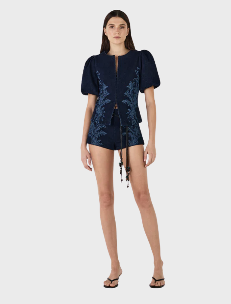 Jacques Denim Shortie in Tropicana Denim, offering a vibrant tropical color and a trendy, relaxed fit for summer days.