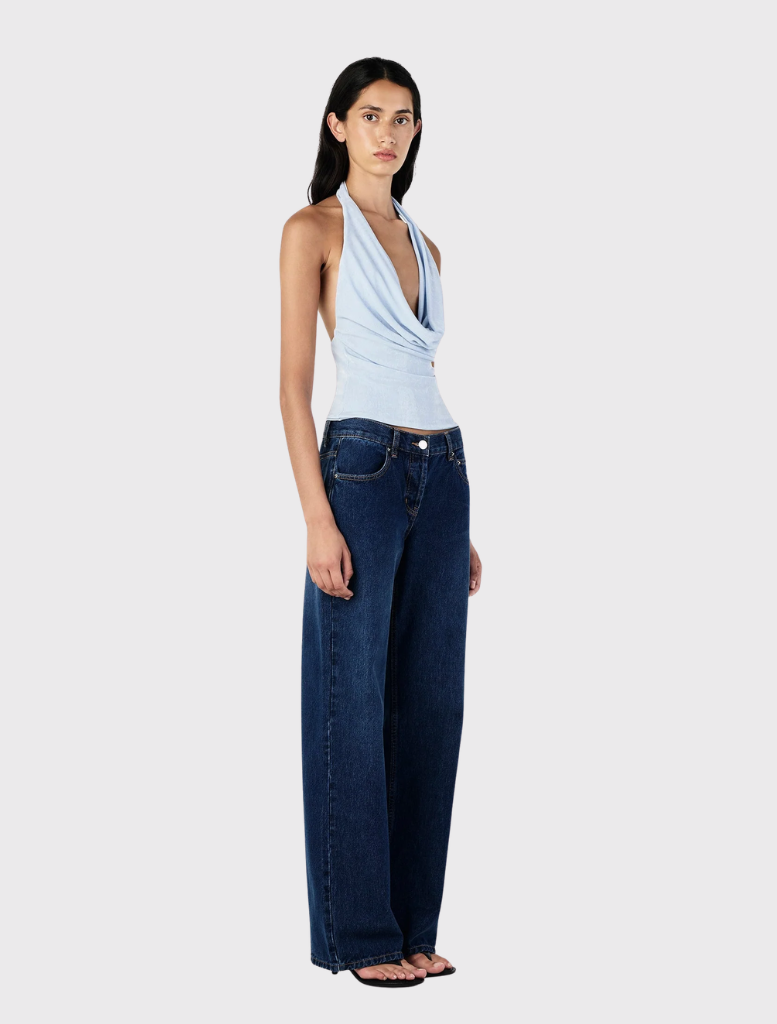 Jersey halter cowl neck top in cornflower blue with low neckline and scooped back, designed for versatile everyday wear.