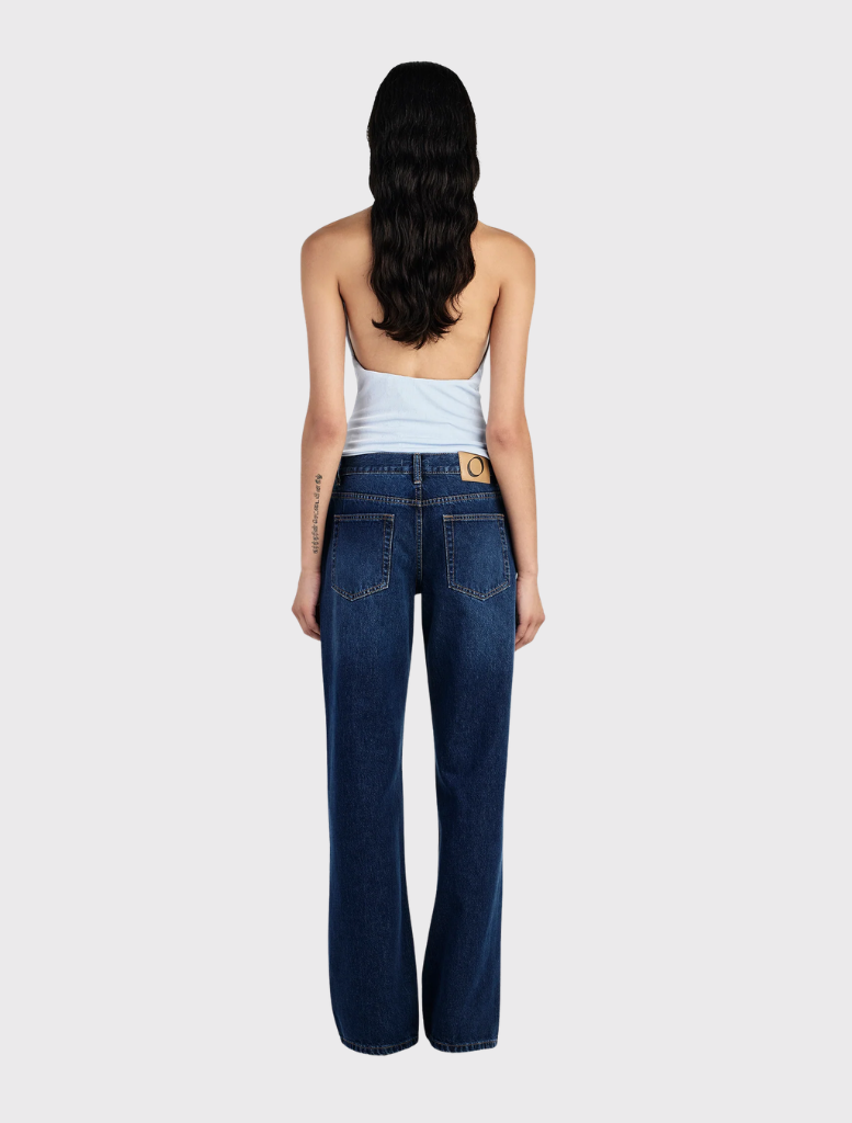 Jayda Top in cornflower blue, a relaxed jersey halter with a low cowl neck and scooped back for casual styling.