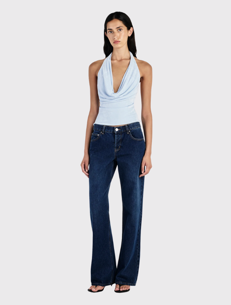 Relaxed cornflower blue jersey halter top with a low cowl neck and back, perfect for everyday casual outfits.