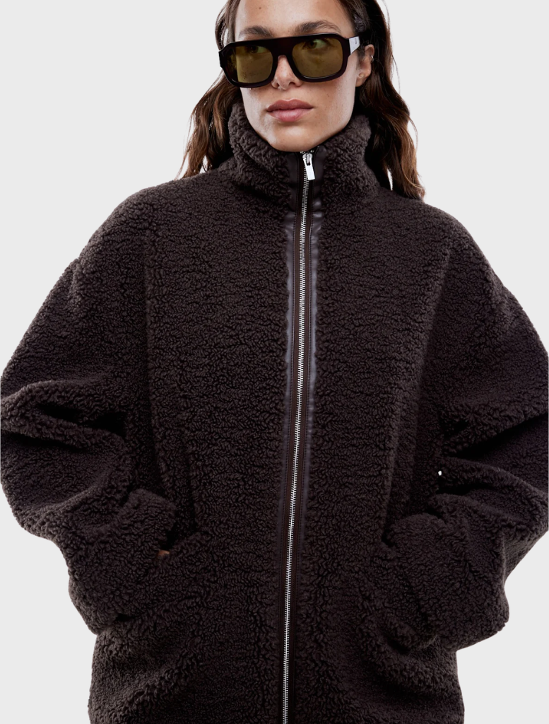 Jayla Teddy Jacket in espresso, showcasing a luxurious, soft fabric and a trendy silhouette for a chic winter look.