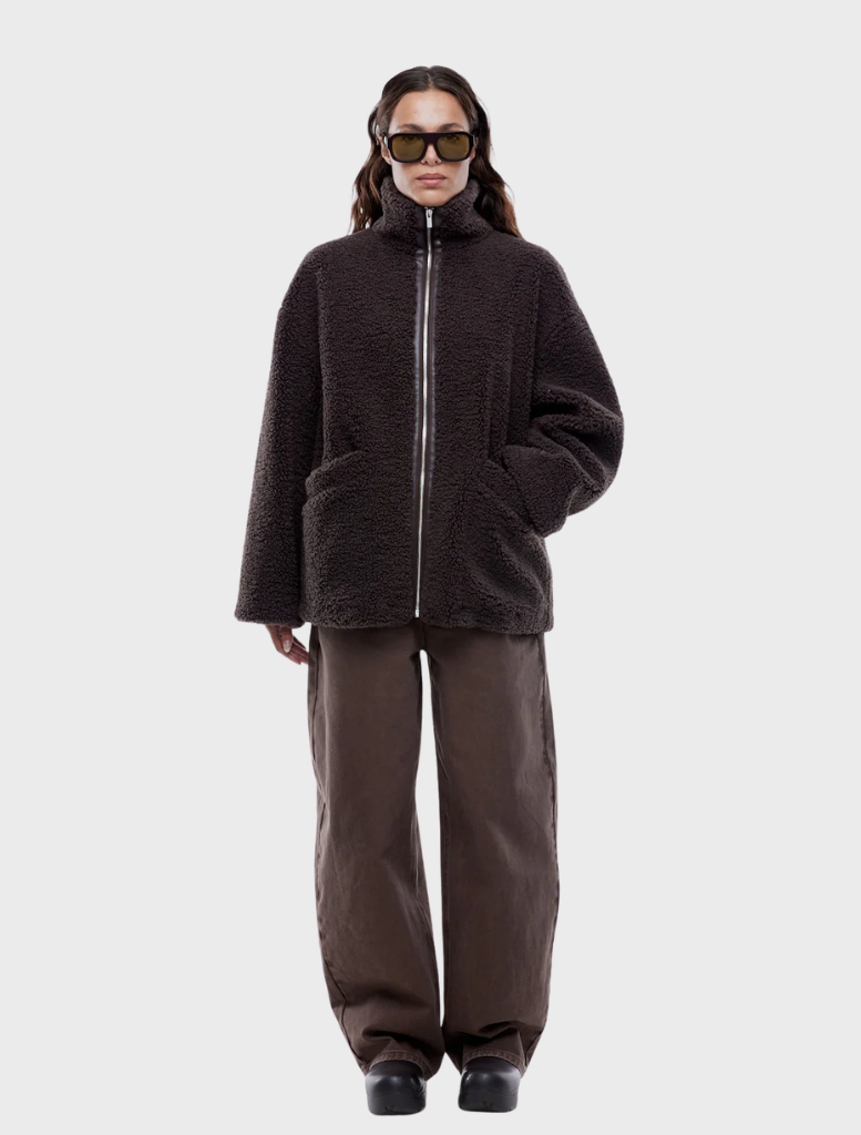 Espresso-colored Jayla Teddy Jacket, featuring a soft, plush texture and a stylish, cozy design for warmth and comfort.