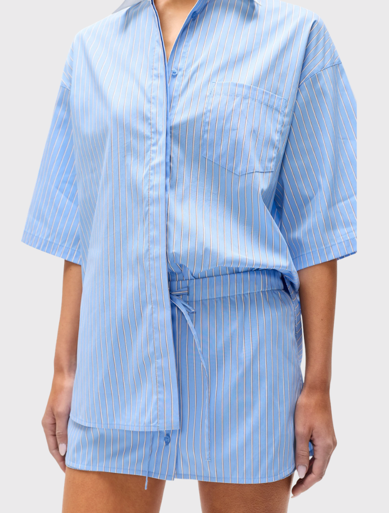Blue striped Kanzo Shirt with a white pointed collar, button front, and short sleeves, designed for a relaxed silhouette.