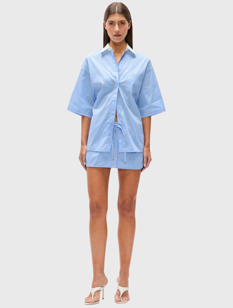 Blue striped Kanzo Shirt featuring a white collar, button closure, short sleeves, and a relaxed oversized fit.