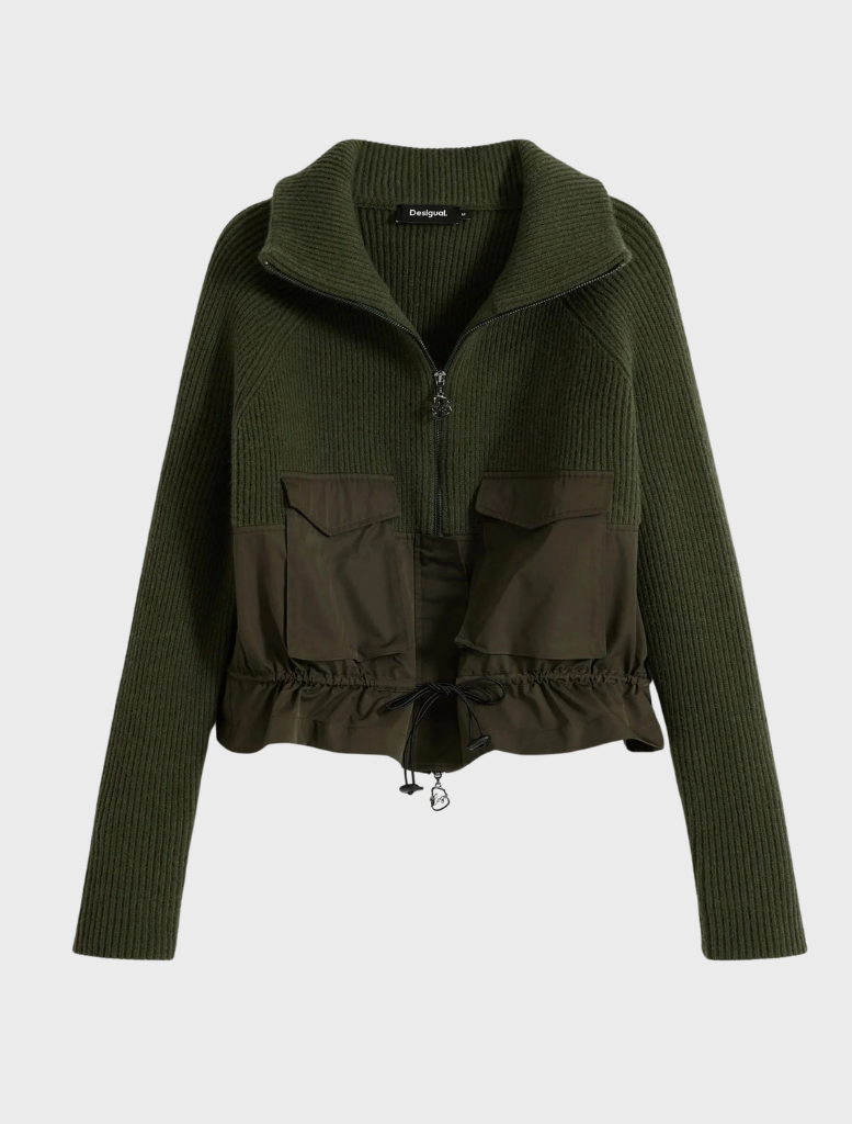 Durable khaki jacket featuring a thick gauge fabric, perfect for outdoor activities and chilly conditions.