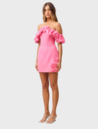 Stylish pink mini dress with off-the-shoulder design and fitted cut, ideal for summer outings or evening events.