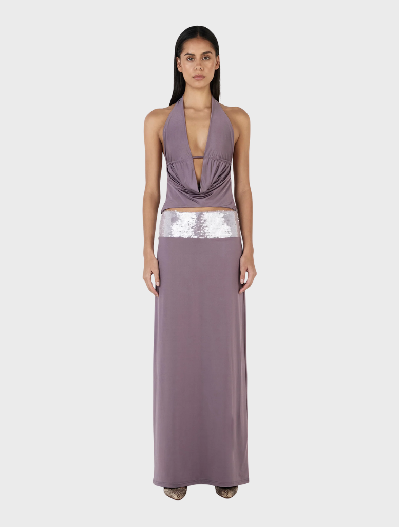 Stylish Kyra cowl top in aubergine, showcasing a flattering draped design and comfortable fabric for versatile wear.