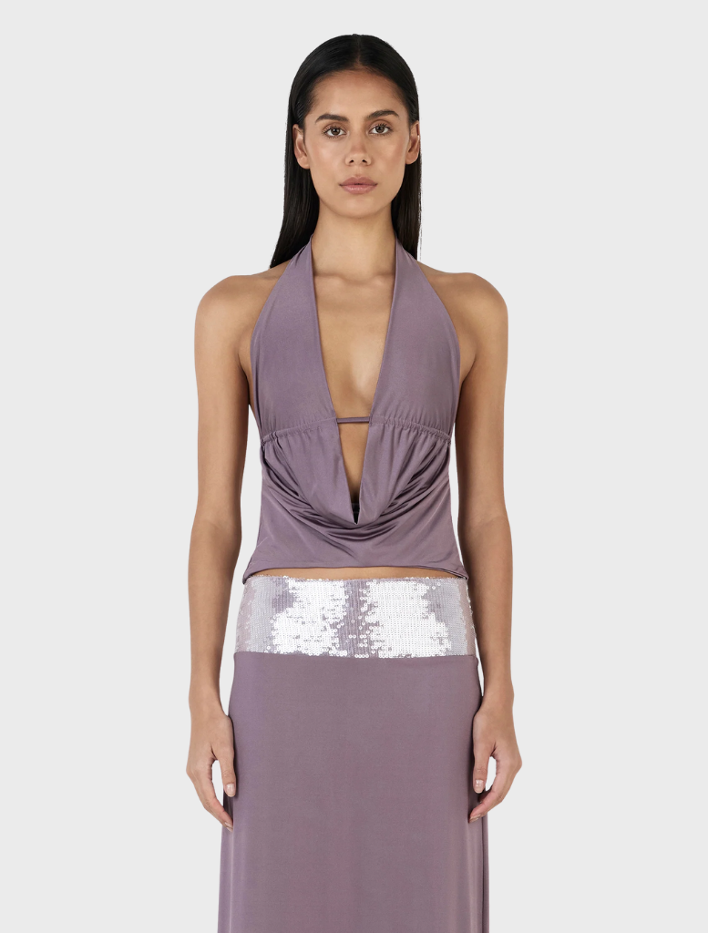 Kyra Cowl Top in aubergine, featuring a draped neckline and soft fabric, perfect for stylish layering.