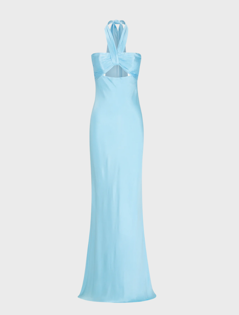 Iceberg blue La Lune maxi dress with halter neck and ruched detailing, perfect for summer events and stylish outings.
