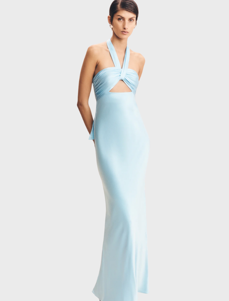 Iceberg blue La Lune ruched halter maxi dress, featuring a flowing silhouette and elegant design suitable for formal occasions.