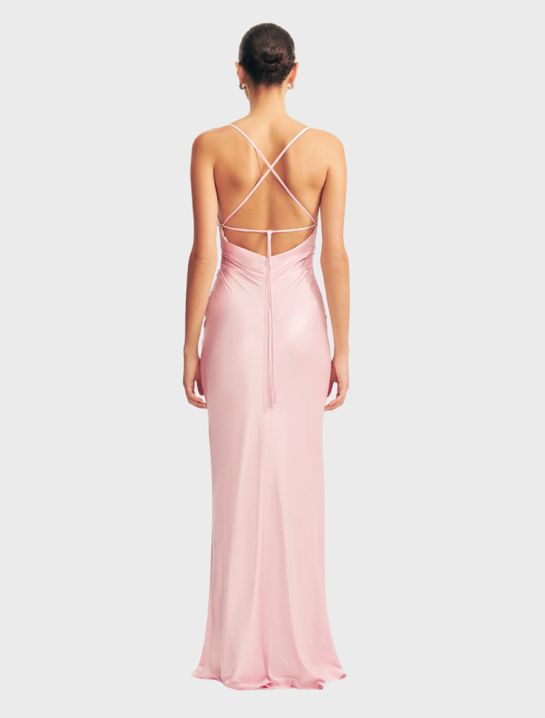 La Lune Blossom Maxi Dress with lace back, featuring a graceful floral pattern and a flowing, elegant design.