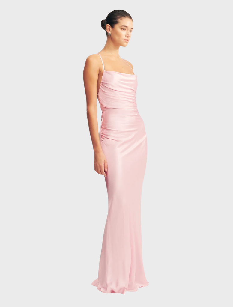 La Lune Lace Back Maxi Dress in Blossom, designed with a delicate floral print and intricate lace back detail.