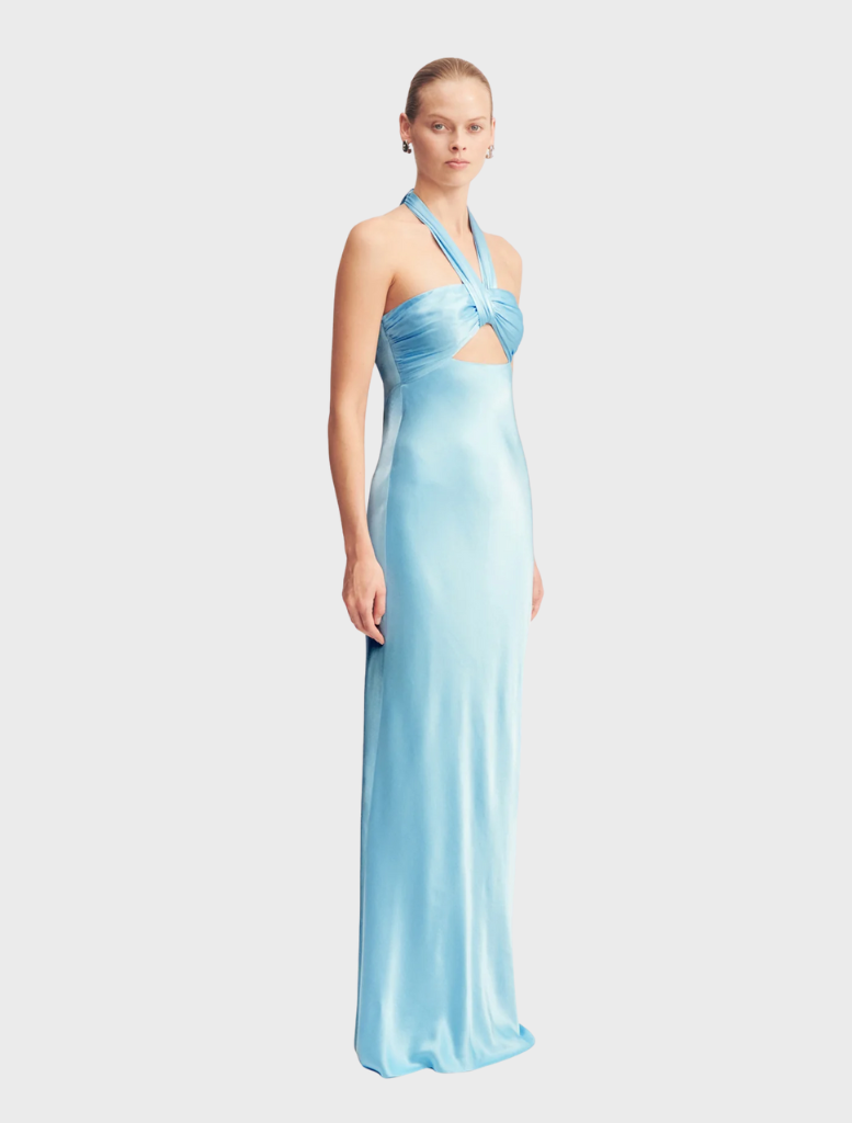 La Lune halter maxi dress in iceberg blue, showcasing a ruched bodice and a graceful, flowing skirt for a chic look.
