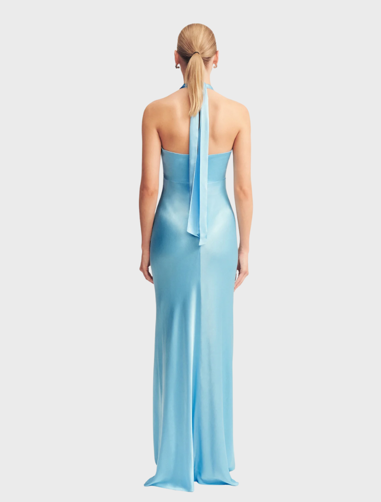 La Lune's iceberg blue ruched halter maxi dress, featuring a stylish design and a flattering silhouette for any occasion.