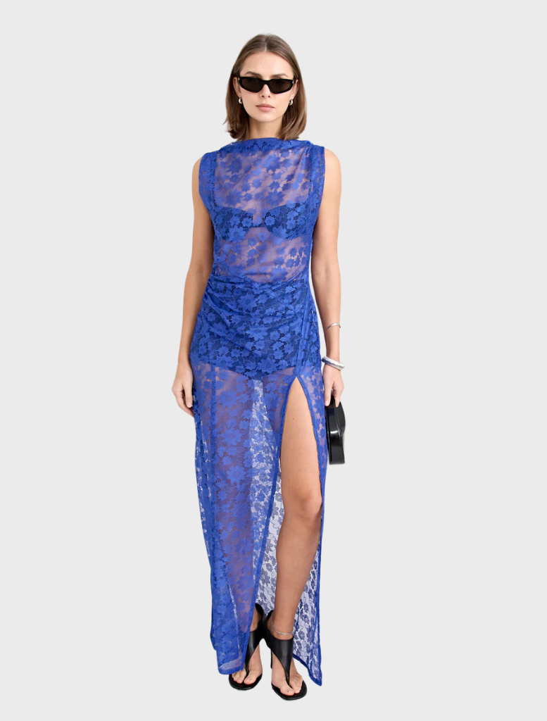 Stunning cobalt lace dress from Velora, featuring detailed lace design and a chic silhouette for elegant events.