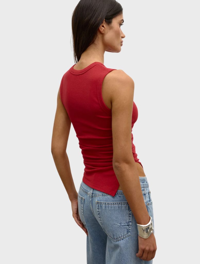 Red Lana Rouched Tank top designed with a trendy ruched effect, offering comfort and style for various outfits.