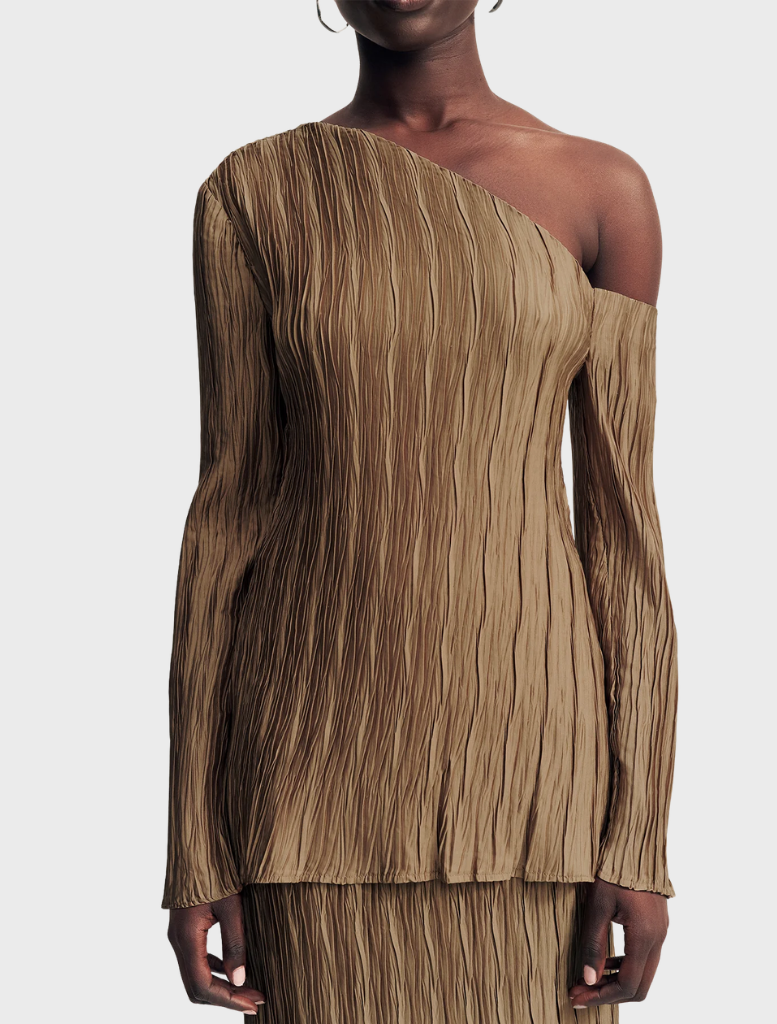 Stylish Leda long sleeve top in oak, featuring an asymmetrical cut for a chic and contemporary fashion statement.