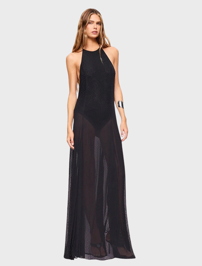 Elegant black gown adorned with embellishments, featuring a fitted silhouette and flowing skirt for a sophisticated look.
