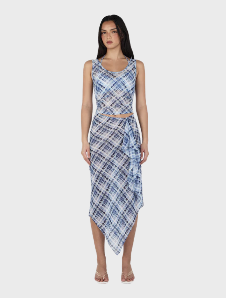 Sky plaid London wrap skirt featuring a stylish design, perfect for casual or formal occasions.