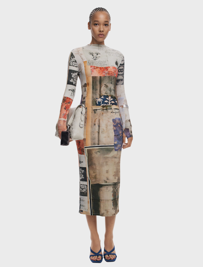 Long-sleeved dress featuring a vibrant, artistic print in various colors and patterns.