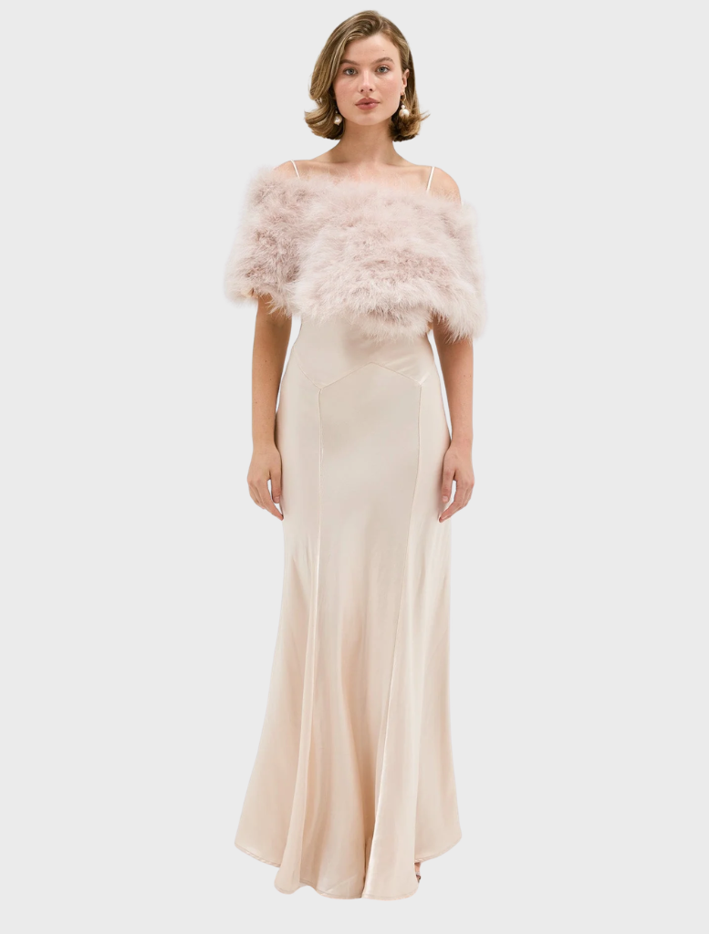 Chic Lottie Wrap in blush, made of upcycled Marabou Feather, includes a double hook-and-eye closure and satin lining.