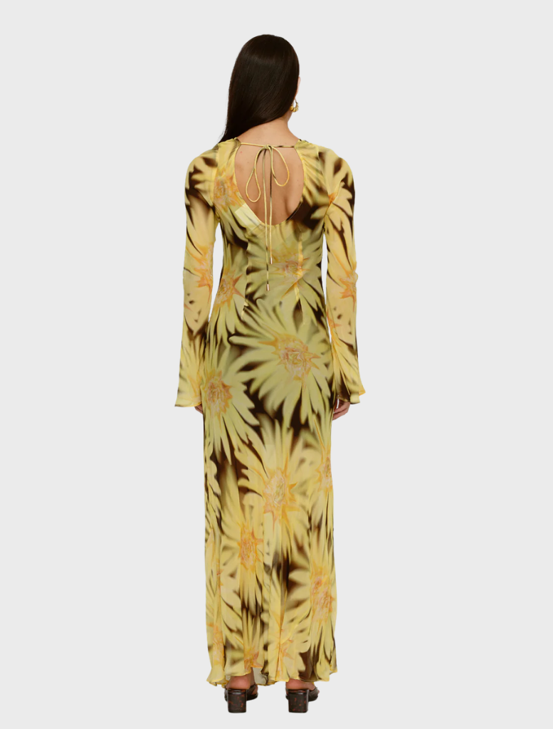 Elegant Lottie Maxi Dress showcasing a Chocolate Sunflower design, perfect for warm weather occasions.
