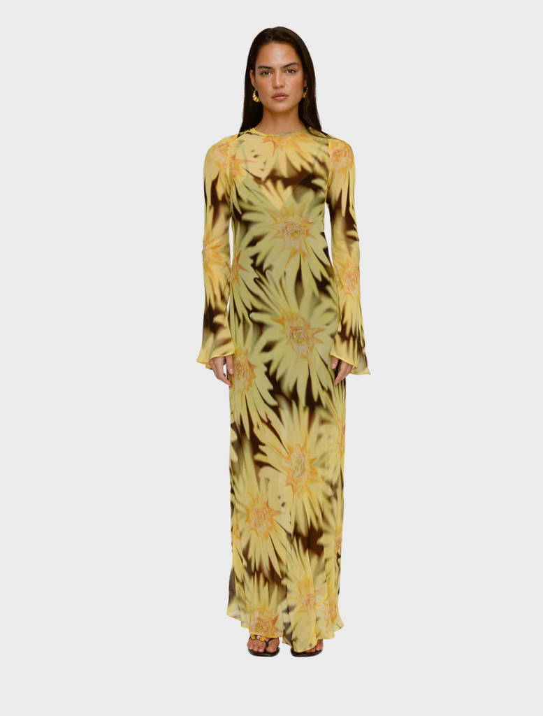 Lottie Maxi Dress in Chocolate Sunflower pattern, featuring a flowing design and vibrant floral print.