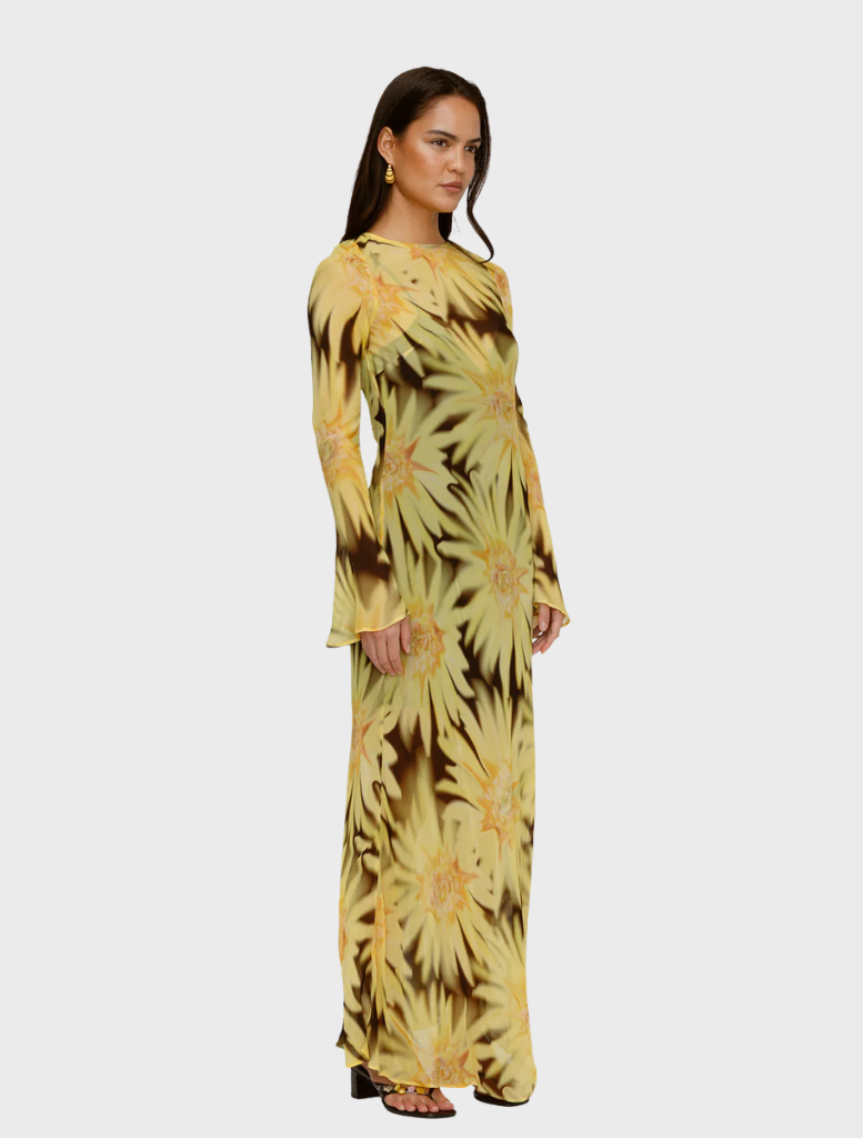 Lottie Maxi Dress featuring a striking Chocolate Sunflower design, combining elegance with a relaxed silhouette.