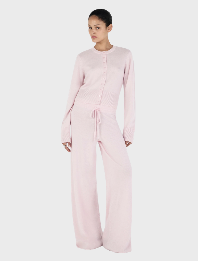Lucielle Cashmere Cardigan in blush color, featuring a cozy design and delicate texture, perfect for layering.