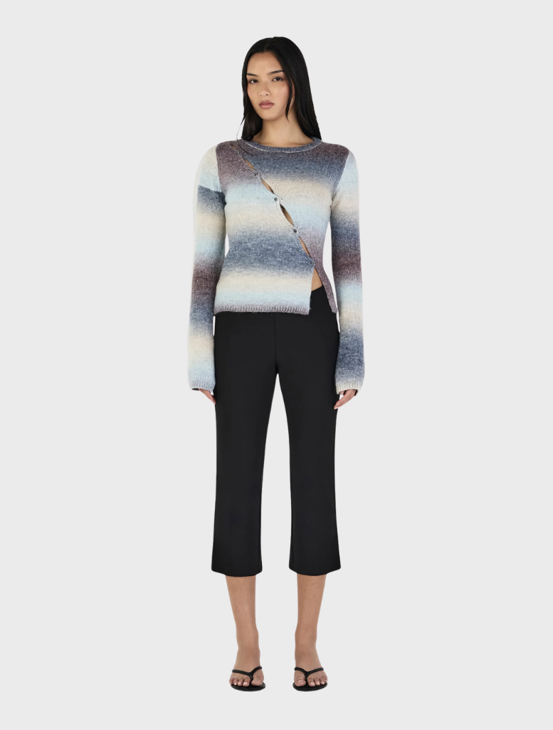 Elegant asymmetrical cardigan in a rich cocoa gradient, designed for comfort and a chic layered appearance.