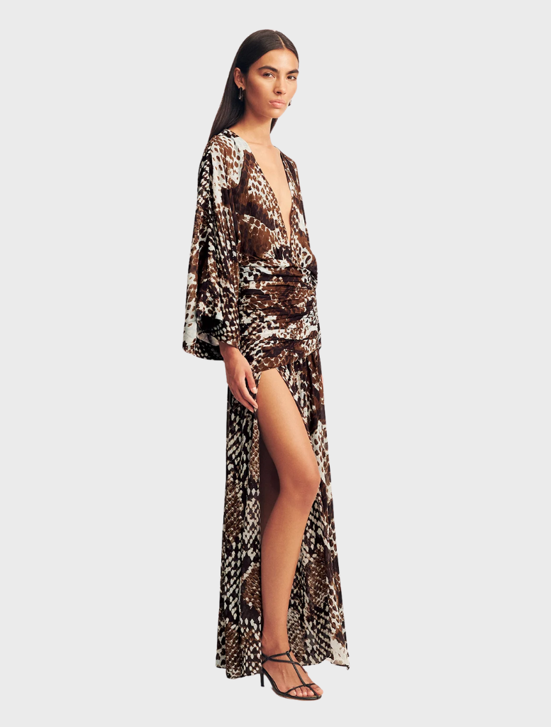 Plunging neckline long sleeve maxi dress in Ristretto and Arcadian Blue, perfect for formal or casual occasions.