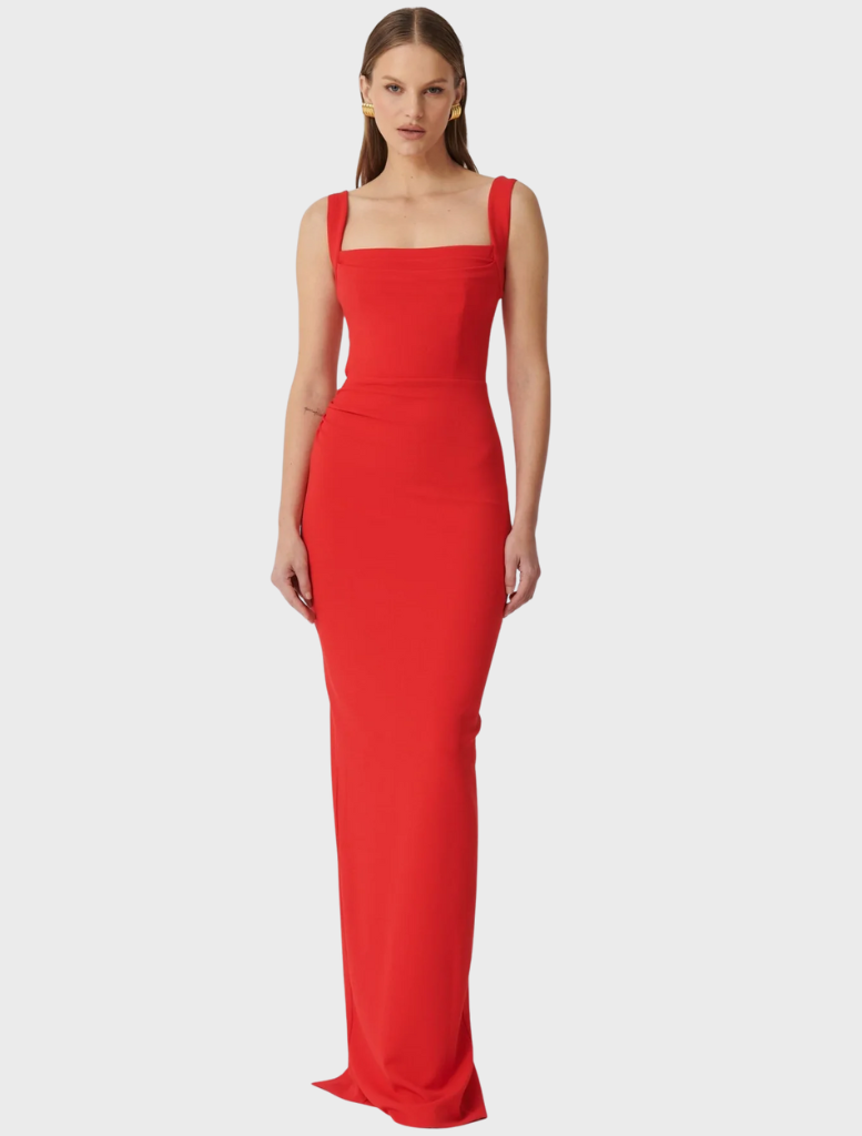 Long, strapless cherry red Marbella gown featuring a square neckline.