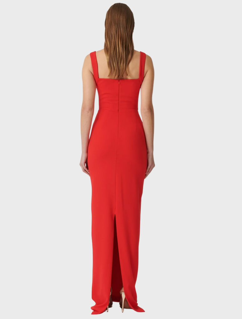 Elegant long Marbella gown in cherry red, designed with a strapless style and square neckline.