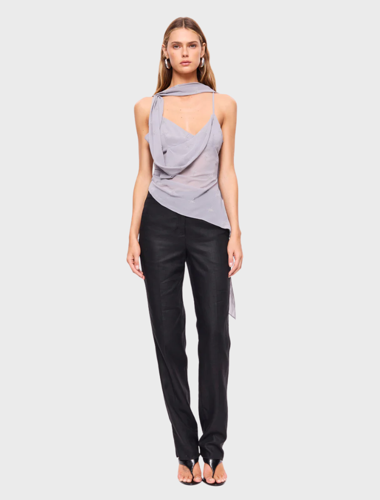 Slate-colored Marina beaded cowl neck top, featuring elegant bead detailing and a stylish draped design.