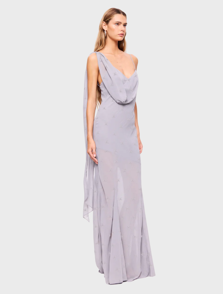 Elegant slate gown featuring a beaded cowl neck design, perfect for formal occasions and evening events.