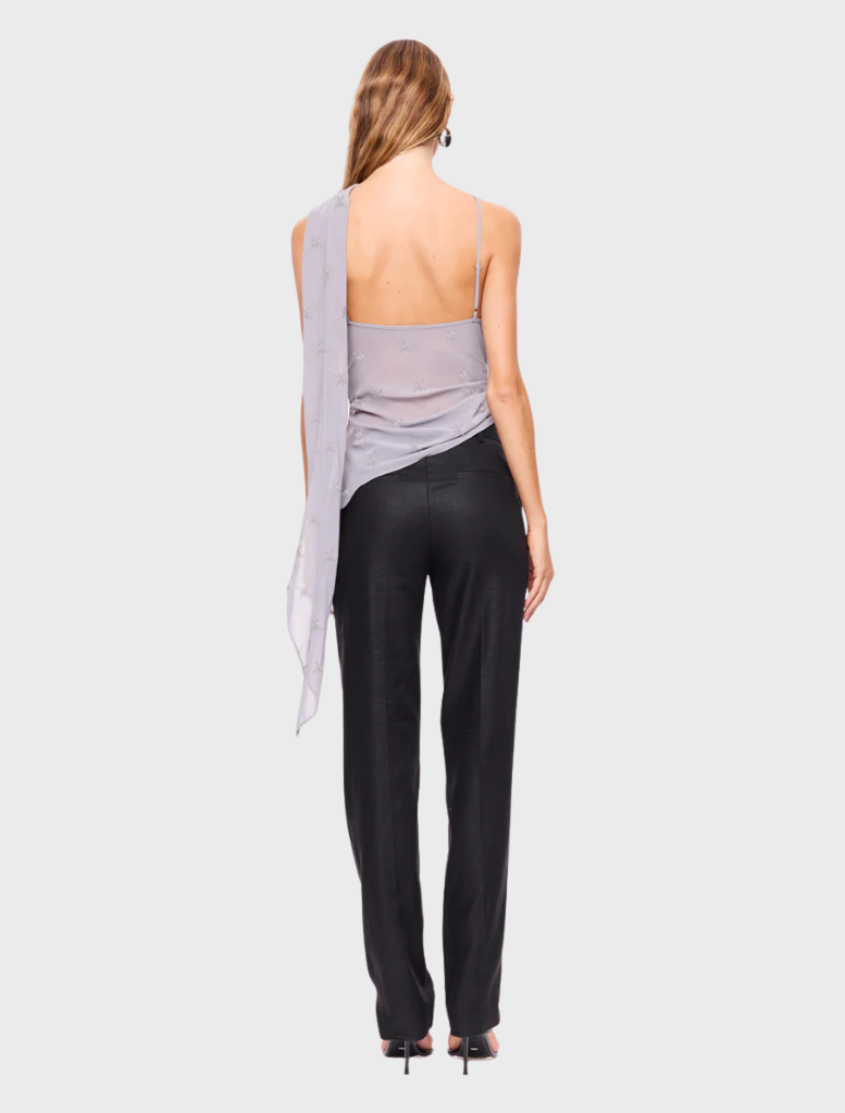 Slate Marina beaded cowl neck top showcasing a chic draped silhouette and decorative bead embellishments.