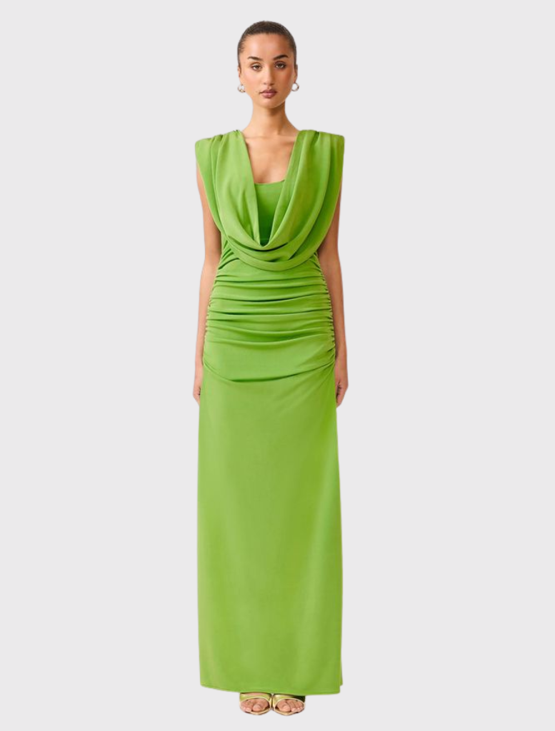 Marisol Cowl Neck Gown in Ferngreen features a draped neckline, fitted waist, and elegant back tie detail for formal occasions.