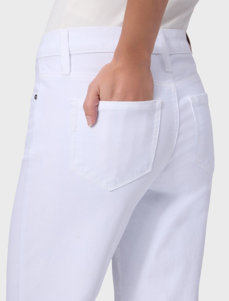Crisp white ankle-length straight leg jeans, mid-rise design crafted from stretch denim for enhanced comfort and coverage.