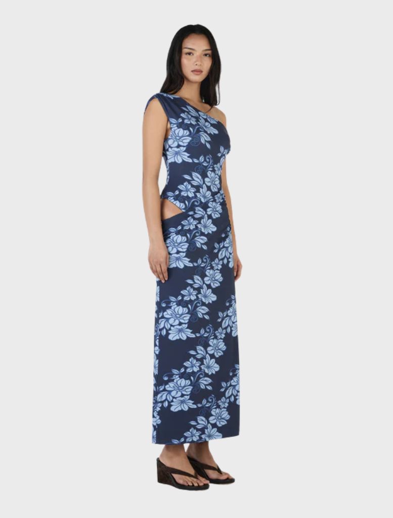 Flowing navy maxi dress with a unique rolling waves print, perfect for casual or formal occasions.